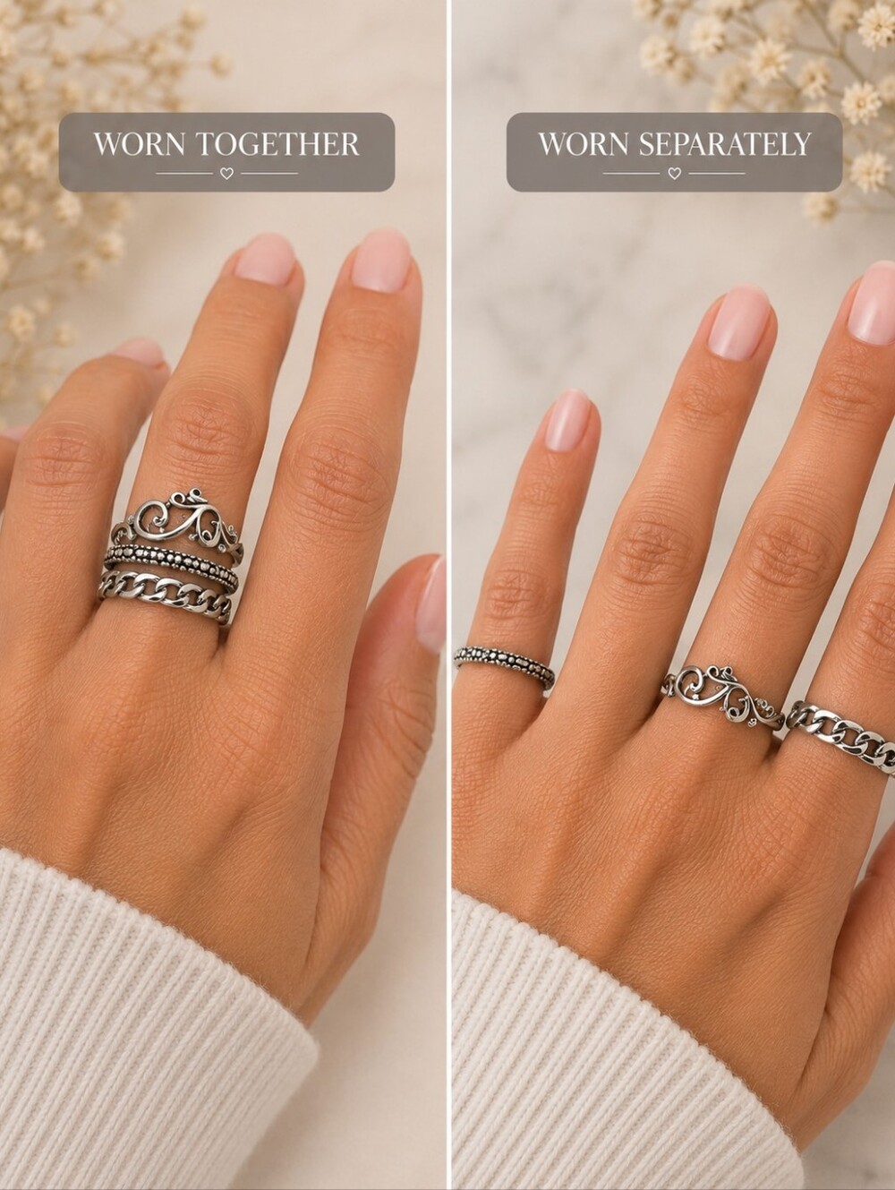 Set of 3 Silver Tone Floral Chain Stackable Rings - Picture 2 of 5